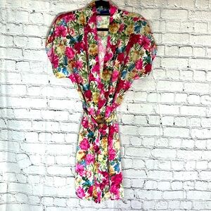 ⭐️ Sleep Solutions vintage pink blue floral satin robe kimono pocket belt S